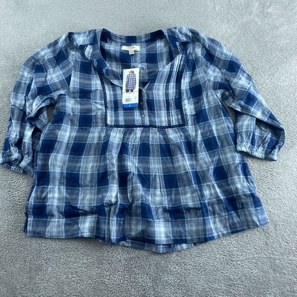 Wrangler Womens Blue Plaid Tunic Top L/EG  3/4 Sleeve Casual Style NWT 4496 - Picture 1 of 9